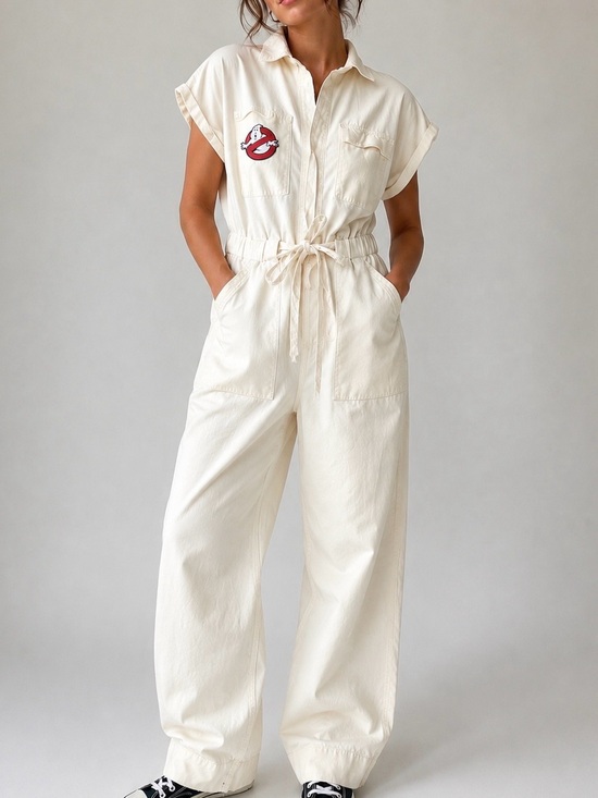 Universal Thread Pants - Universal Threads Ivory Linen Utility Jumpsuit Ghostbusters Patch Wide Leg Sz 2